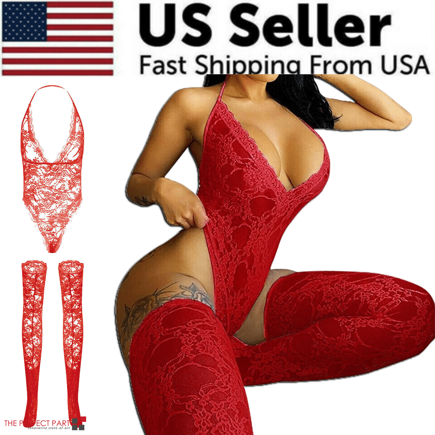 Women in red plus size lace babydoll lingerie bodysuit with thigh-high stockings, showcasing sexy nightwear.