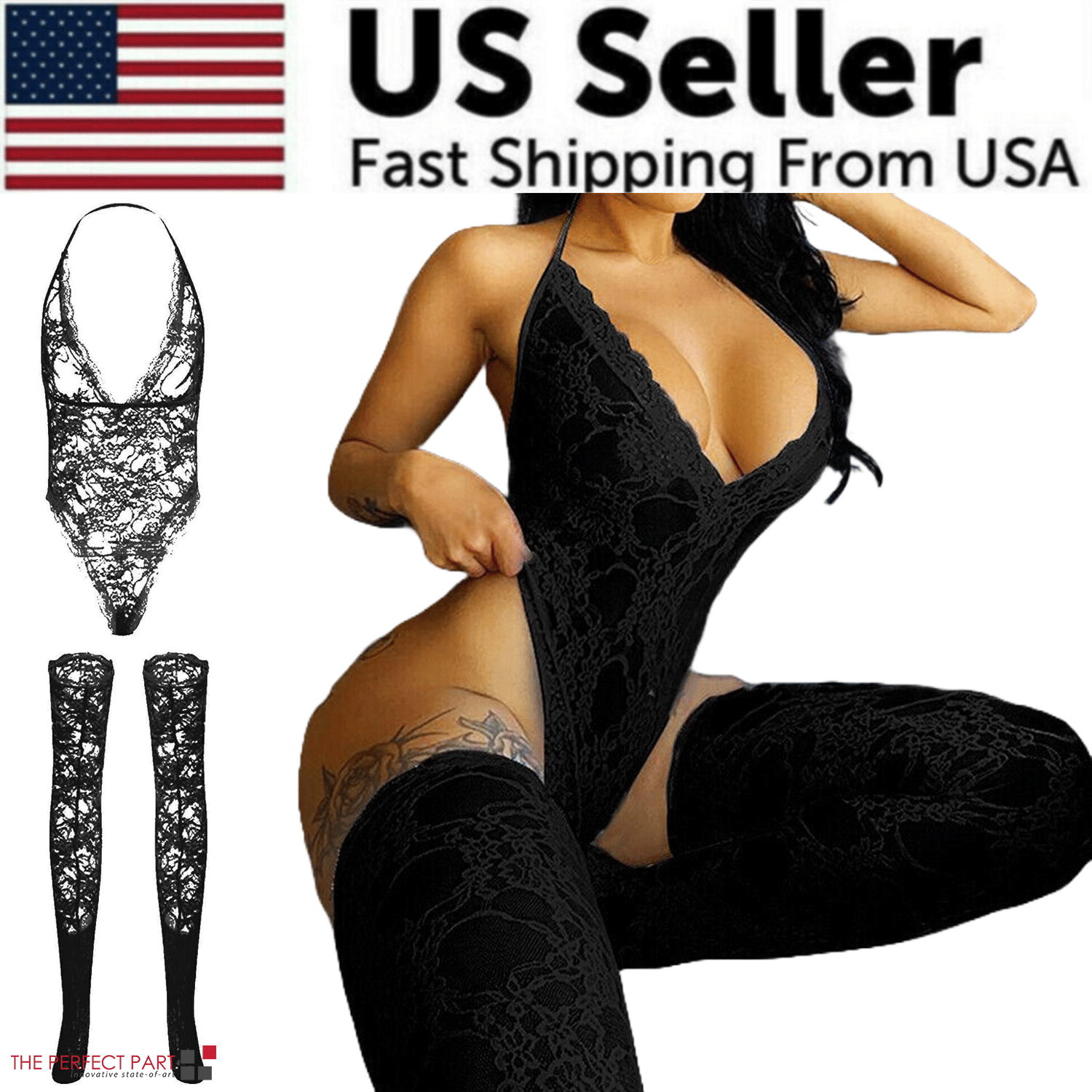 Women plus size lace babydoll lingerie featuring a sexy black bodysuit and thigh-high stockings, US seller with fast shipping.