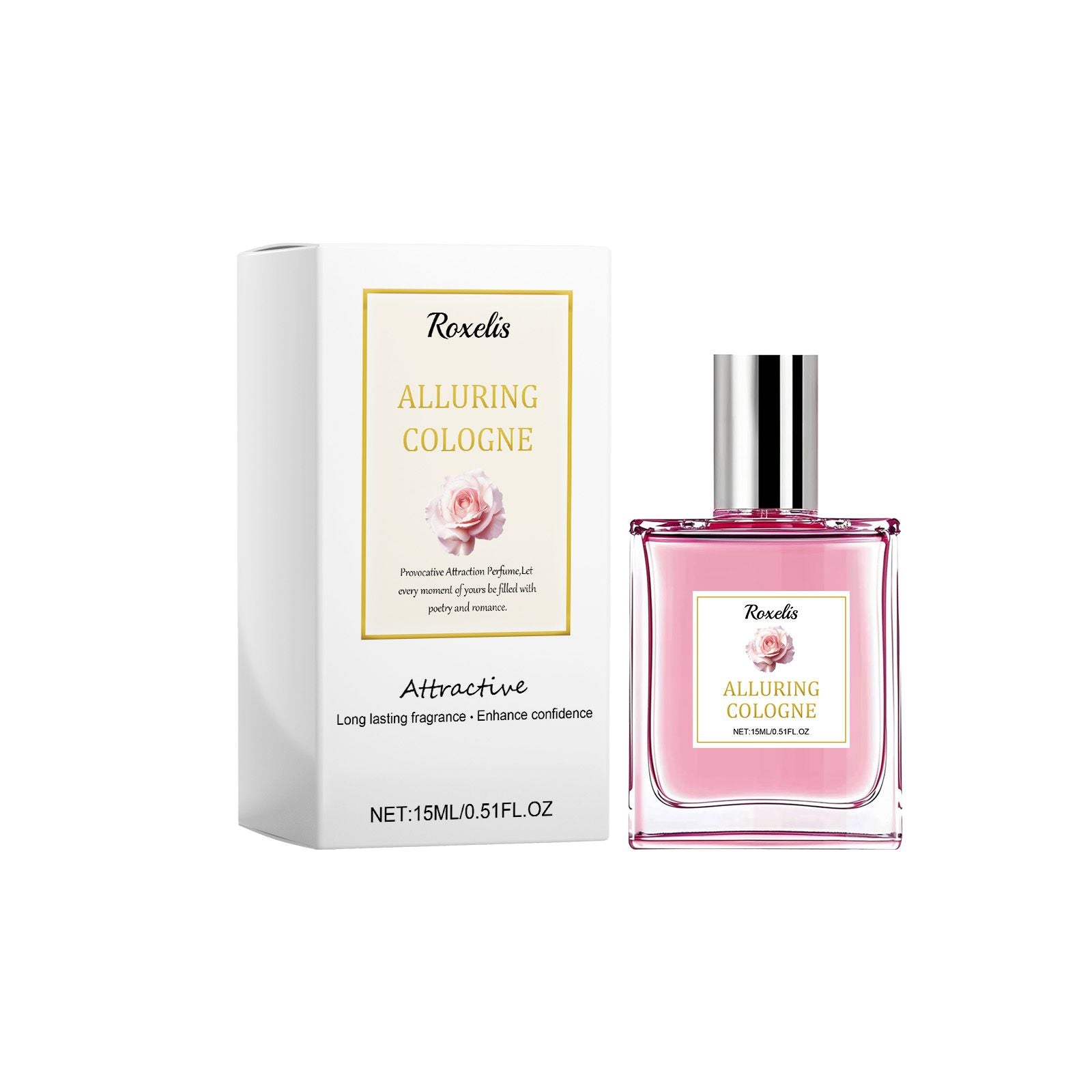 Roxelis long-lasting pheromone perfume for women in a stylish bottle with rose design.