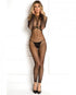 Rene Rofe black bodystocking harness set with long sleeves, open crotch, and adjustable straps