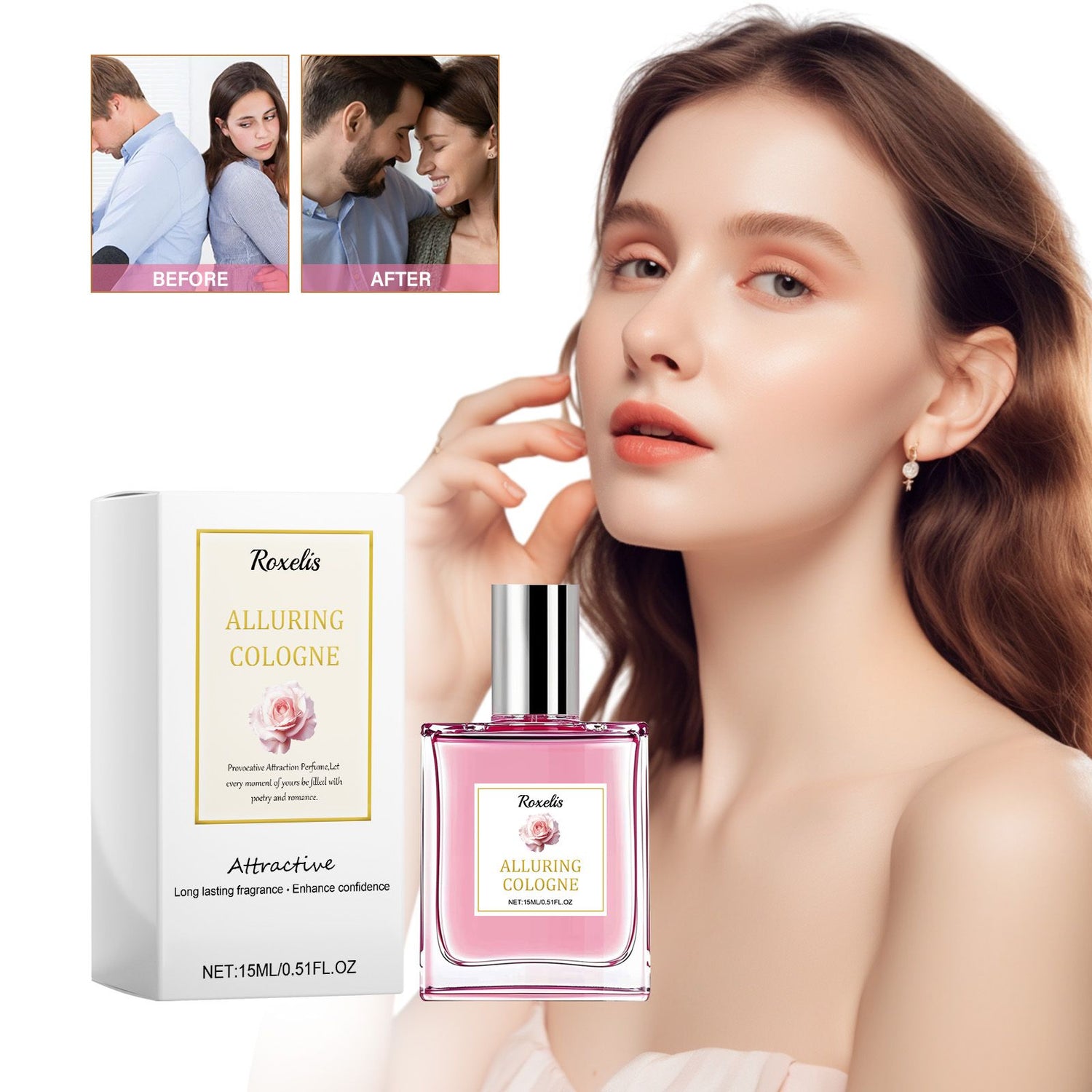 Roxelis long-lasting pheromone perfume for women, attractive fragrance, before and after confidence enhancement.