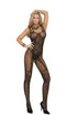 black lace fishnet bodystocking with open crotch design, elegant moments lingerie, featured on model in stylish pose.