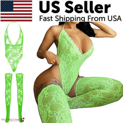 Women wearing plus size lace babydoll lingerie in vibrant green color with lace details and stockings, US seller fast shipping.