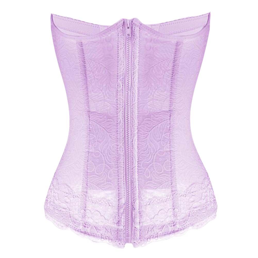 Purple boned corset lingerie with hook eye closure and detailed lace trim, perfect for weddings and parties.