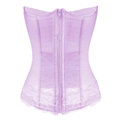 Purple boned corset lingerie with hook eye closure and detailed lace trim, perfect for weddings and parties.