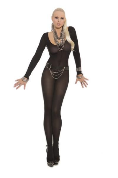 Sheer long sleeve bodystocking in black worn by a model, showcasing an open crotch design by Elegant Moments.