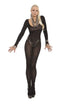 Sheer long sleeve bodystocking in black worn by a model, showcasing an open crotch design by Elegant Moments.