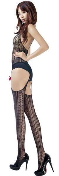 Blancho lace padded corset set featuring sheer black stockings and stylish high heels.