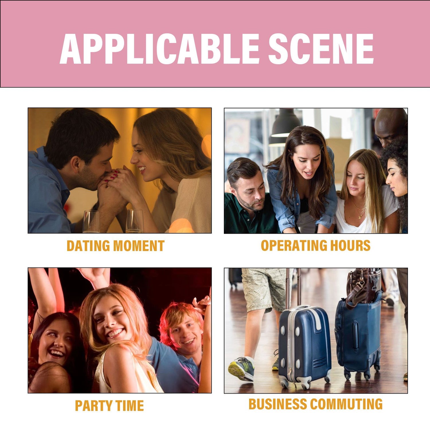 Image showcasing applicable scenes for Roxelis pheromone perfume: dating moment, operating hours, party time, and business commuting.